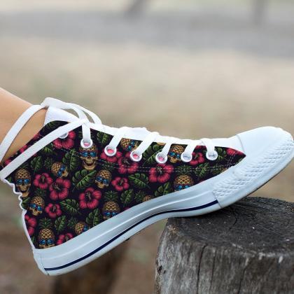 Pineapple Skull High Top Shoes, Fruit Shoes, Women..