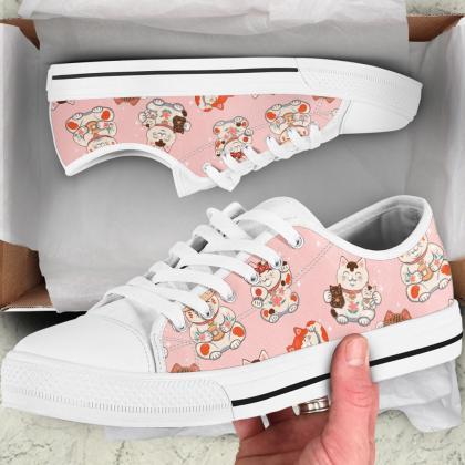 Maneki Neko Low Top Shoes, Custom Kitty Shoes,..