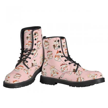 Maneki Neko Boots, Pink And Blue Cats Leather..