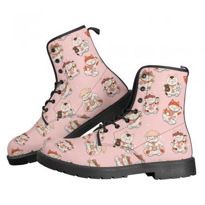 Maneki Neko Boots, Pink And Blue Cats Leather..