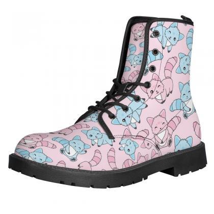 Cute Cat Boots, Pink And Blue Cats Leather Boots,..