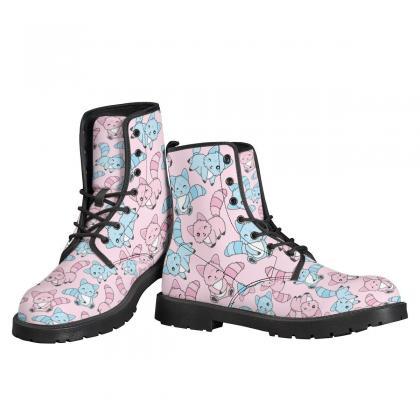 Cute Cat Boots, Pink And Blue Cats Leather Boots,..