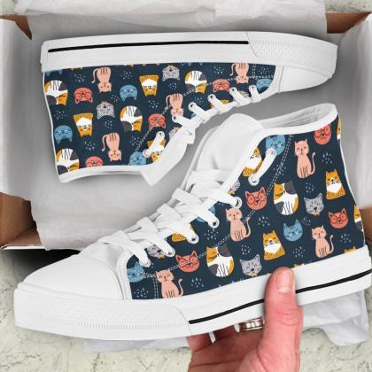Navy Cute Cat High Top Shoes, Custom Kitty Shoes,..
