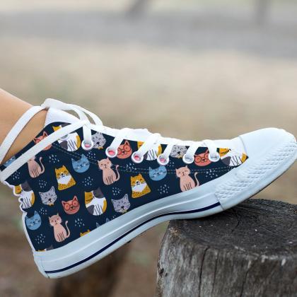 Navy Cute Cat High Top Shoes, Custom Kitty Shoes,..