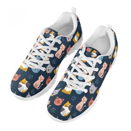 Cute Navy Cat Shoes, Custom Kitty Shoes, Women..