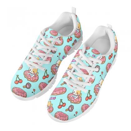 Cute Cat Shoes, Custom Kitty Shoes, Women Donut..