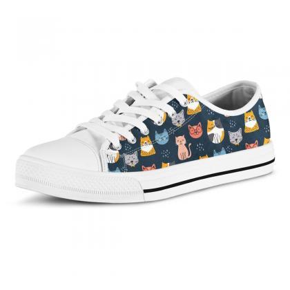 Navy Cute Cat Low Top Shoes, Custom Kitty Shoes,..