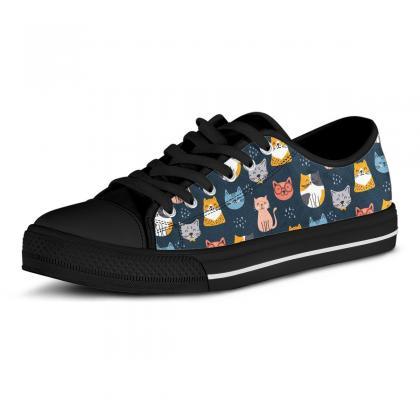 Navy Cute Cat Low Top Shoes, Custom Kitty Shoes,..
