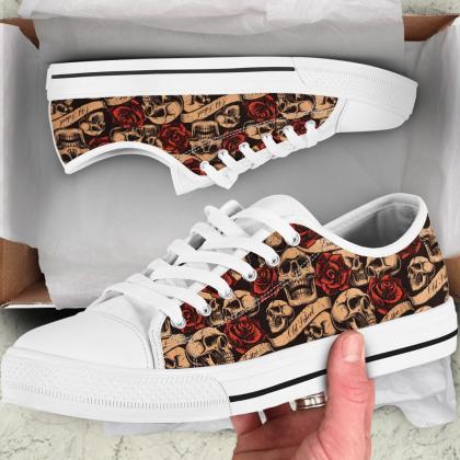 Skull Ans Rose Low Top Shoes, Sneakers, Punk..