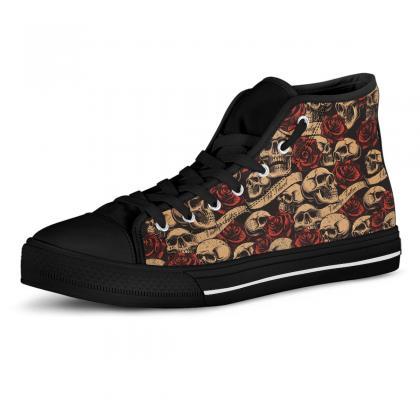 Skull Ans Rose High Top Shoes, Sneakers, Punk..