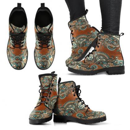 Brown Paisley Boots Handcrafted Women Boots, Vegan..