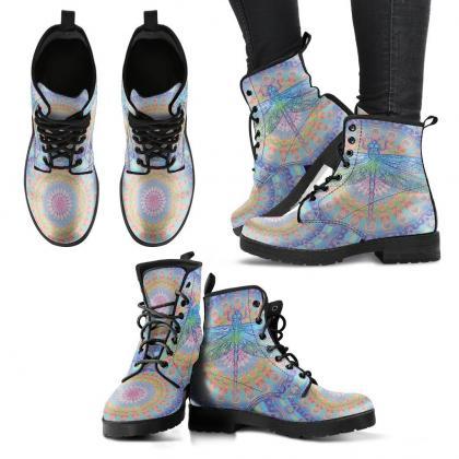 Mandala Dragonfly Gold Boots Handcrafted Women..