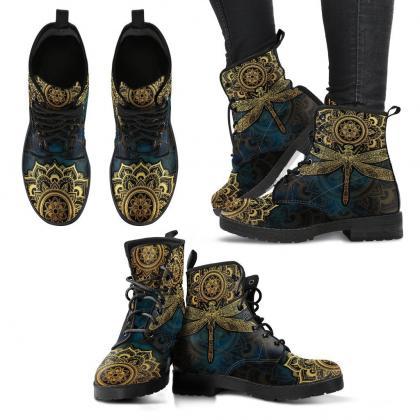 Mandala Dragonfly Gold Boots Handcrafted Women..
