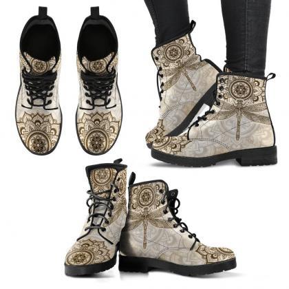 Mandala Dragonfly Beige Boots Handcrafted Women..