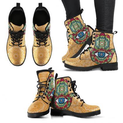 Hamsa Hand Women Boots, Vegan Leather Boots,..