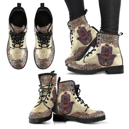 Hamsa Hand Women Boots, Vegan Leather Boots,..