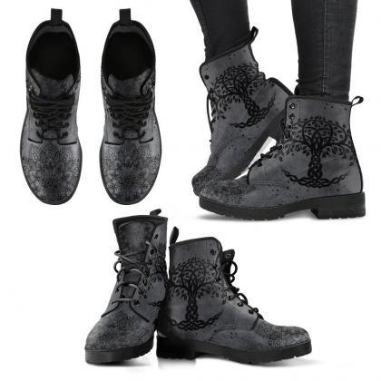 Grey Tree Of Life Women Boots, Vegan Leather..