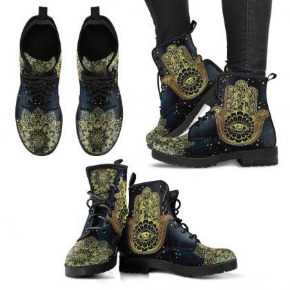 Golden Hamsa Hand Women Boots, Vegan Leather..