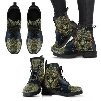 Golden Boho Wolf Women Boots, Vegan Leather Boots,..