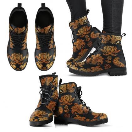 Gold Paisley Lotus Women Boots, Vegan Leather..
