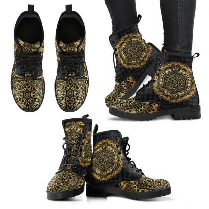 Gold Mandala Women Boots, Vegan Leather Boots,..
