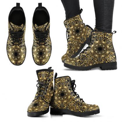 Gold Mandala Women Boots, Vegan Leather Boots,..