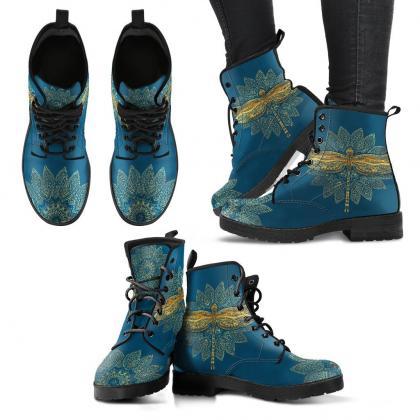 Gold Mandala Dragonfly Women Boots, Vegan Leather..