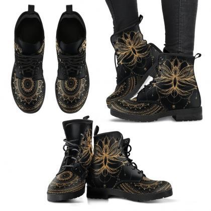 Gold Lotus Women Boots, Vegan Leather Boots,..
