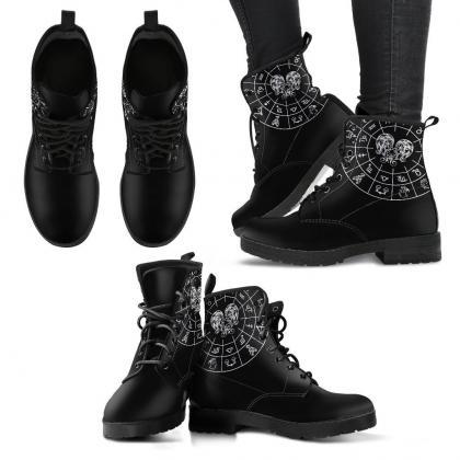 Gemini Black Zodiac Women Boots, Vegan Leather..