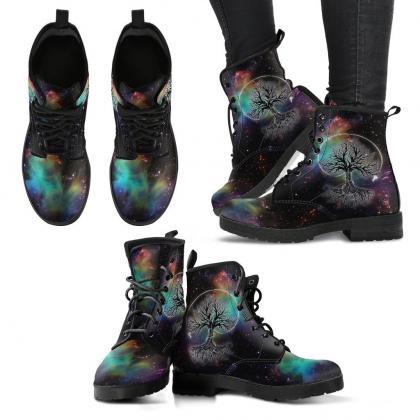Galaxy Tree Women Boots, Vegan Leather Boots,..
