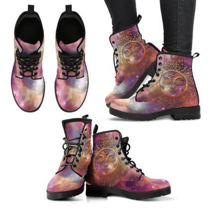 Galaxy Sun Moon Women Boots, Vegan Leather Boots,..