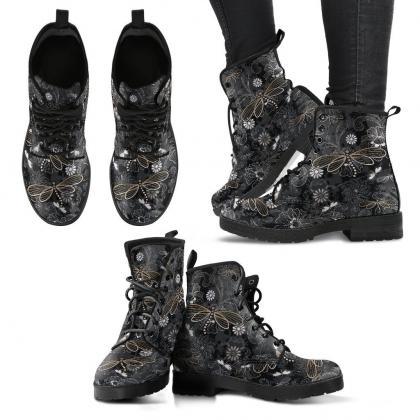 Flower And Dragonfly Women Boots, Vegan Leather..