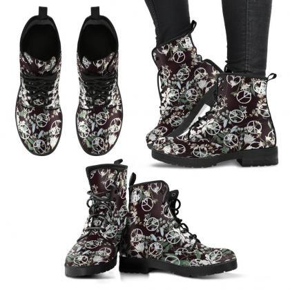 Floral Peace Women Boots, Vegan Leather Boots,..