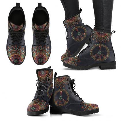 Colorful Peace And Mandala Boots Handcrafted Women..