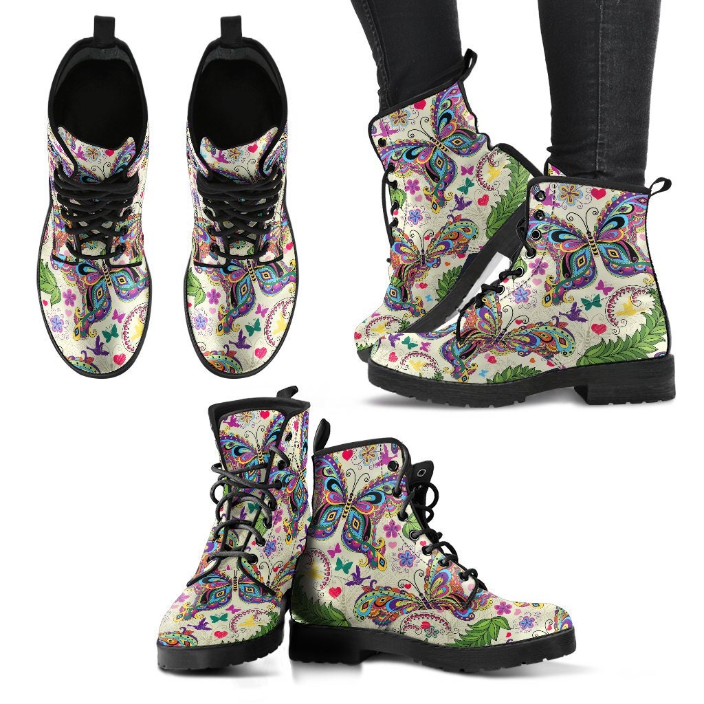 Butterfly Pattern Boots Handcrafted Women Boots, Vegan Leather Boots, Animal Friendly Boots, Women Girl Gift, Classic Boot