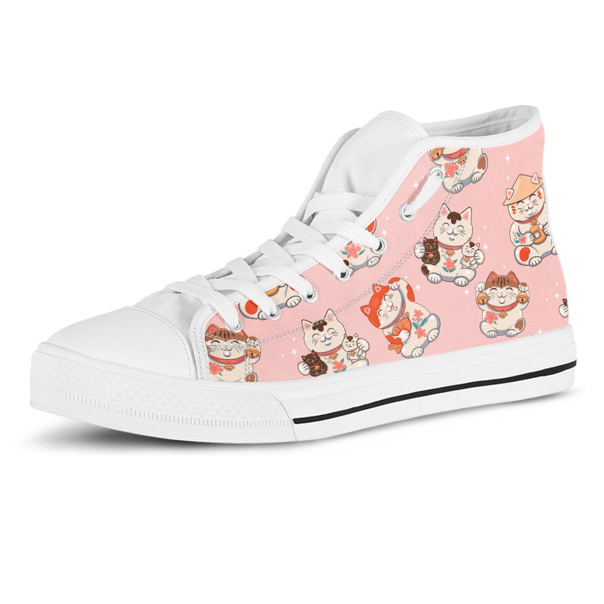 Maneki Neko High Top Shoes, Custom Kitty Shoes, Women Sneakers, Cute Pink And Blue Sneakers, Kids Sneakers, Women, Men Or Kids Sneakers
