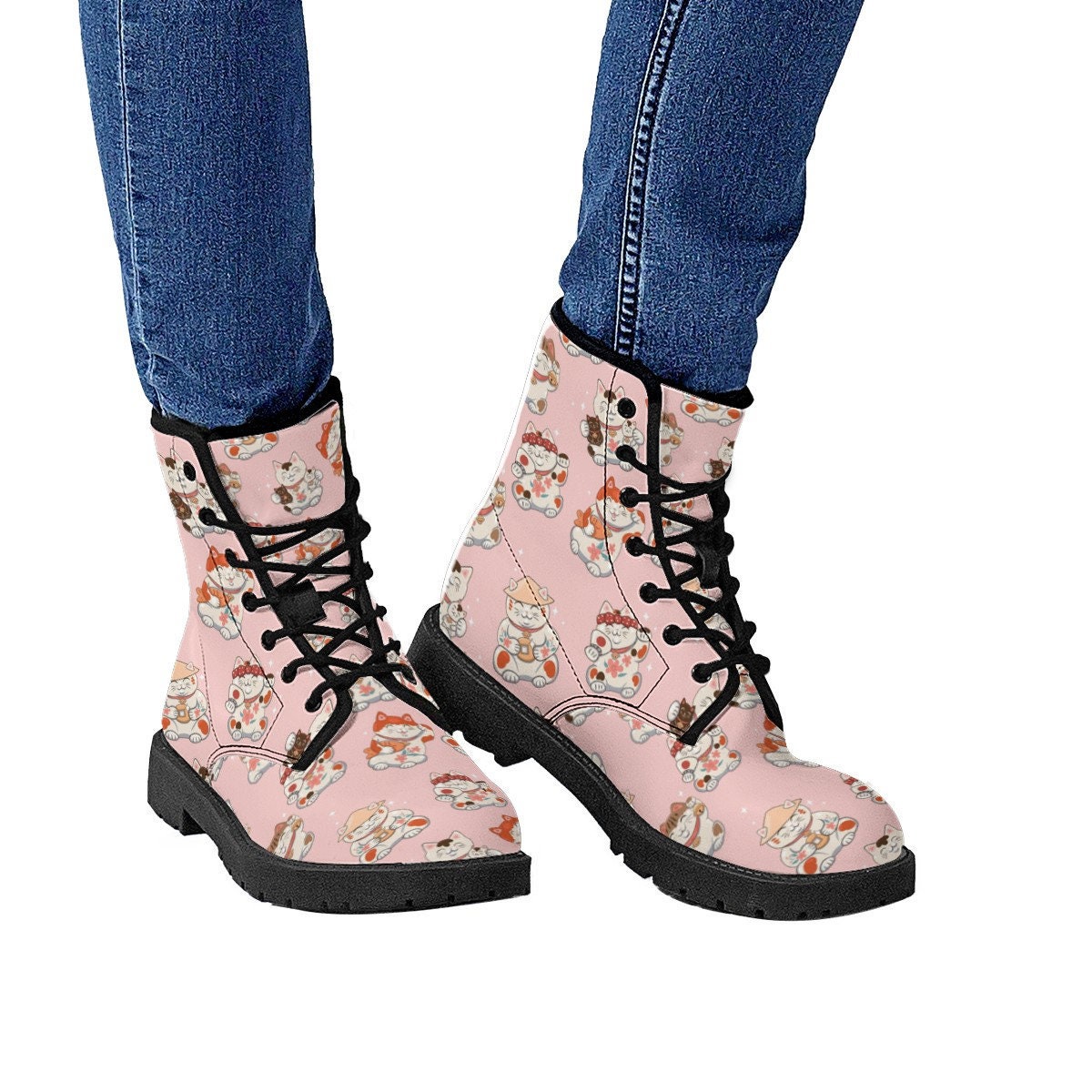 Maneki Neko Boots, Pink And Blue Cats Leather Boots, Handcrafted Boots, Streetwear, Women Girl Gift, Classic Boot, Footwear
