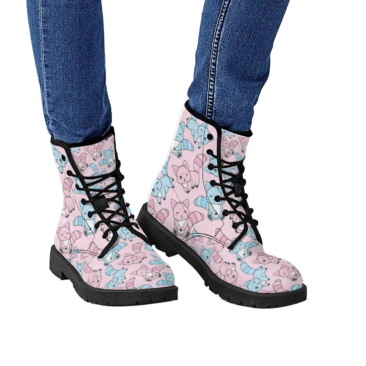 Cute Cat Boots, Pink And Blue Cats Leather Boots, Handcrafted Boots, Streetwear, Women Girl Gift, Classic Boot, Footwear