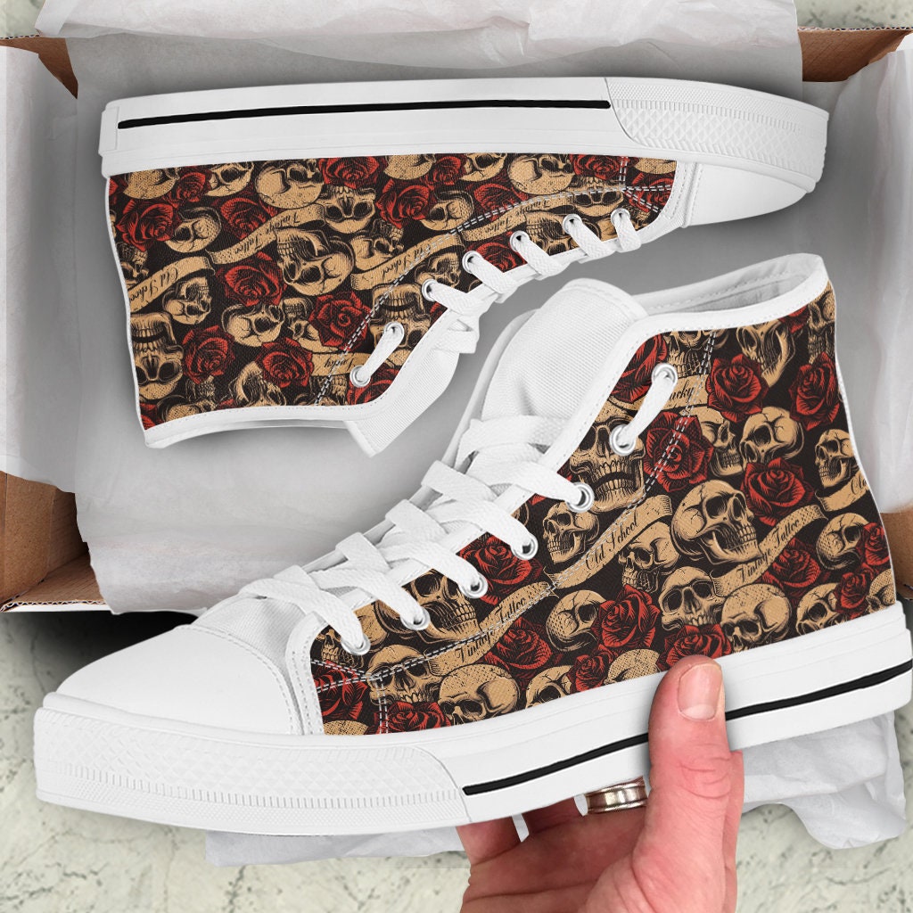 Skull Ans Rose High Top Shoes, Sneakers, Punk Sneakers, Emo Sneakers, Rock N Roll Women, Men Shoes
