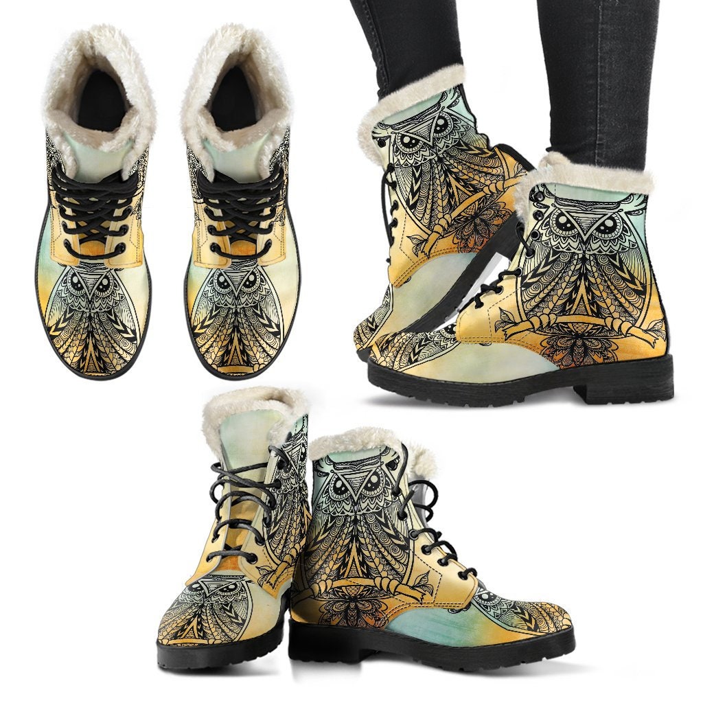 Owl tribal Boots Handcrafted women Boots, Vegan Leather Boots, animal friendly Boots, Women