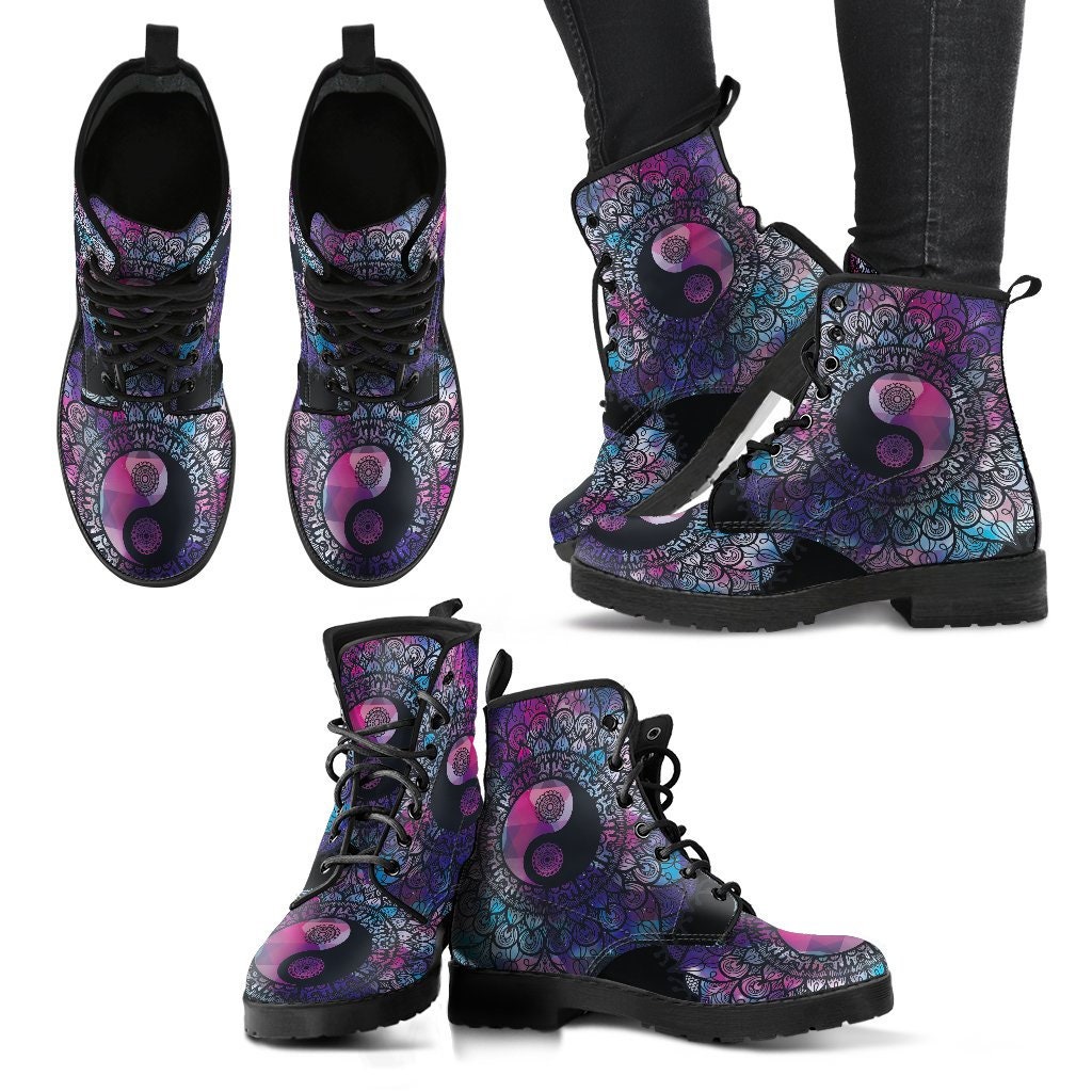 Yin Yang Mandala Boots Handcrafted Women Boots, Photography Vegan Leather Boots, Animal Friendly Boots, Women Girl Gift