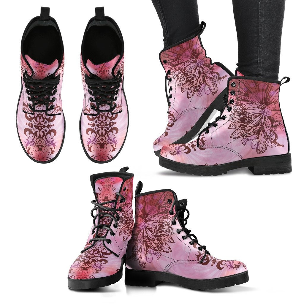 Pink Lotus Boots Handcrafted Women Boots, Photography Vegan Leather Boots, Animal Friendly Boots, Women Girl Gift, Classic
