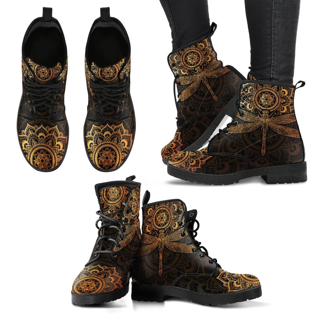 Mandala Dragonfly Rusty Gold Boots Handcrafted Women Boots, Photography Vegan Leather Boots, Animal Friendly Boots, Women Girl Gift, Classic