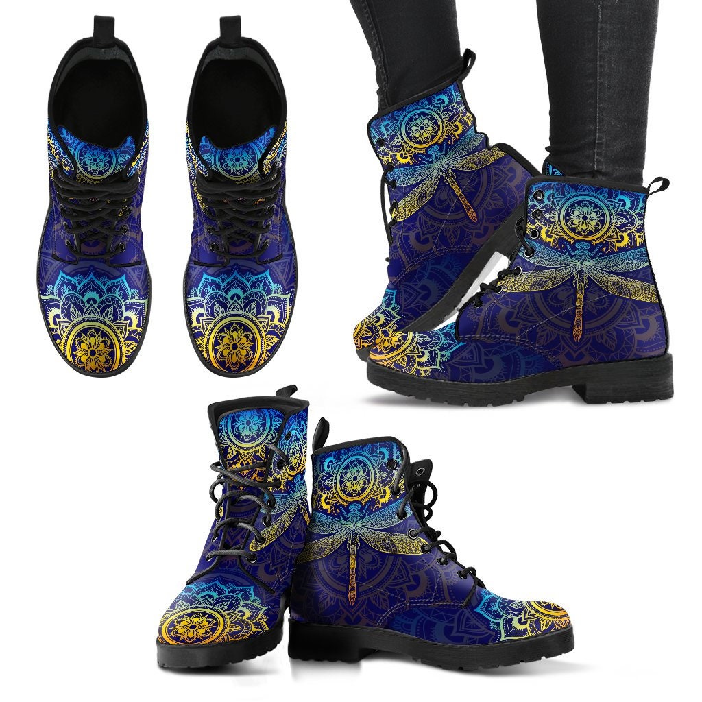 Mandala Dragonfly Colorful Boots Handcrafted Women Boots, Photography Vegan Leather Boots, Animal Friendly Boots, Women Girl Gift, Classic