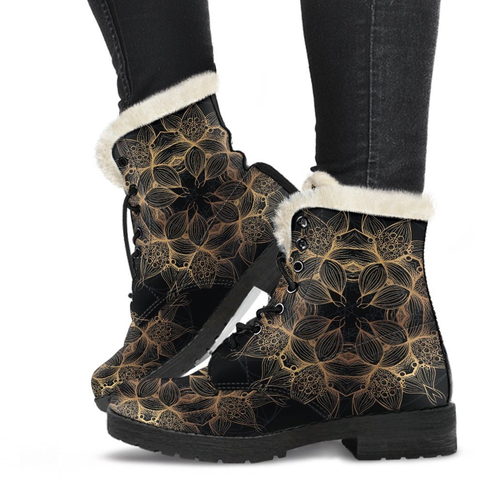 Golden Lotus Mandala Winter Boots Handcrafted Women Boots, Vegan Leather Boots, Animal Friendly Boots, Women
