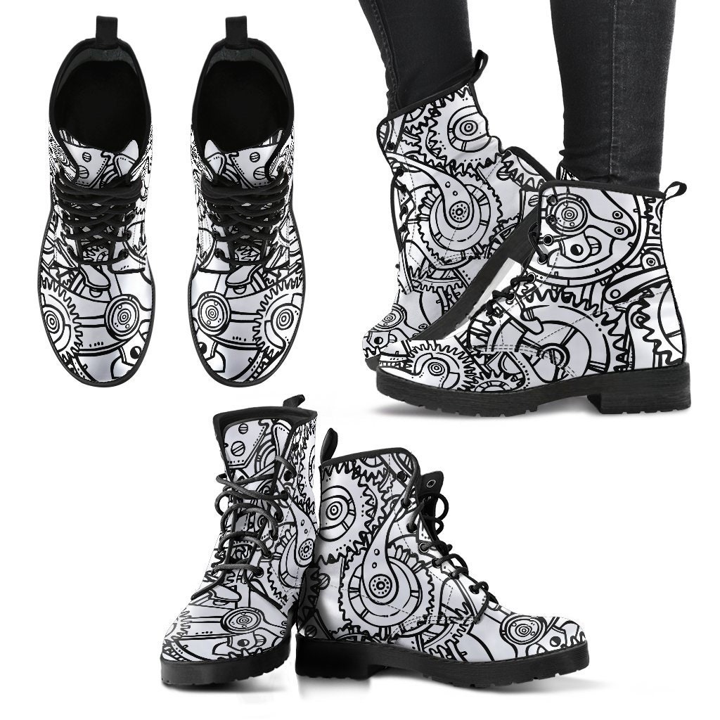Gears Black & White Women Boots, Vegan Leather Boots, Animal Friendly Boots, Classic Boot, Eco Leather, Animal Friendly