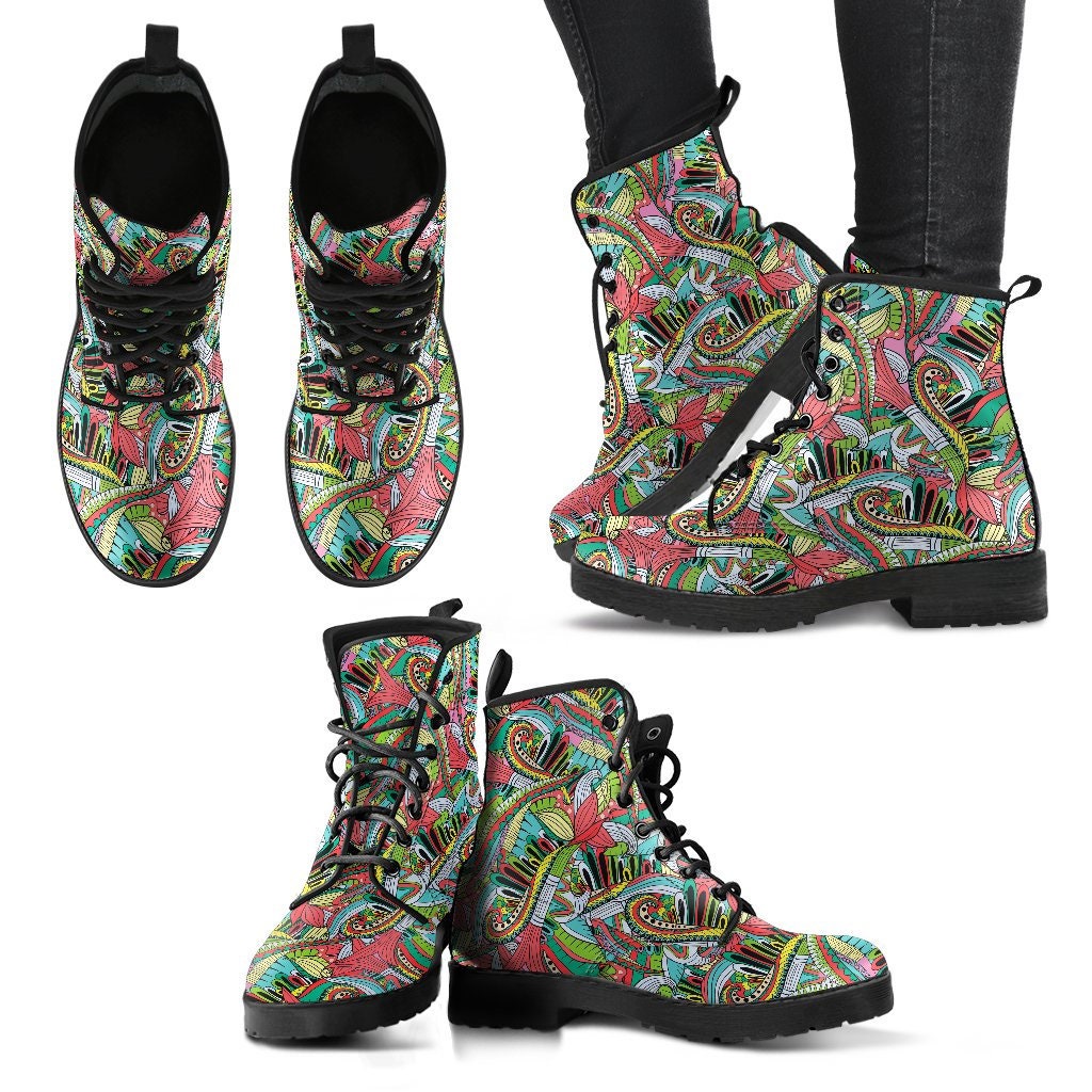 Funky Patterns In Greens Women Boots, Vegan Leather Boots, Animal Friendly Boots, Classic Boot, Eco Leather, Animal Friendly