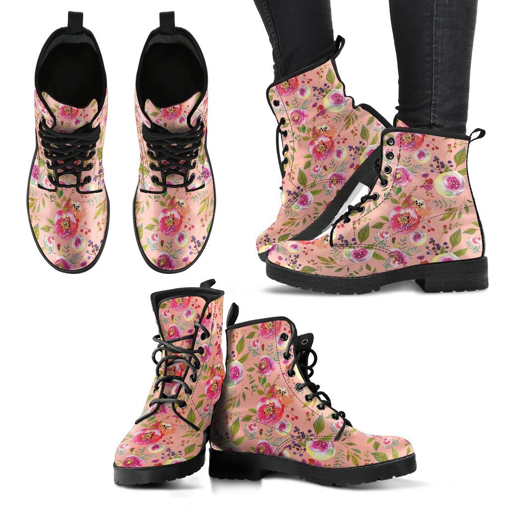 Floral Watercolour Roses Peonies Women Boots, Vegan Leather Boots, Animal Friendly Boots, Classic Boot, Eco Leather, Animal Friendly