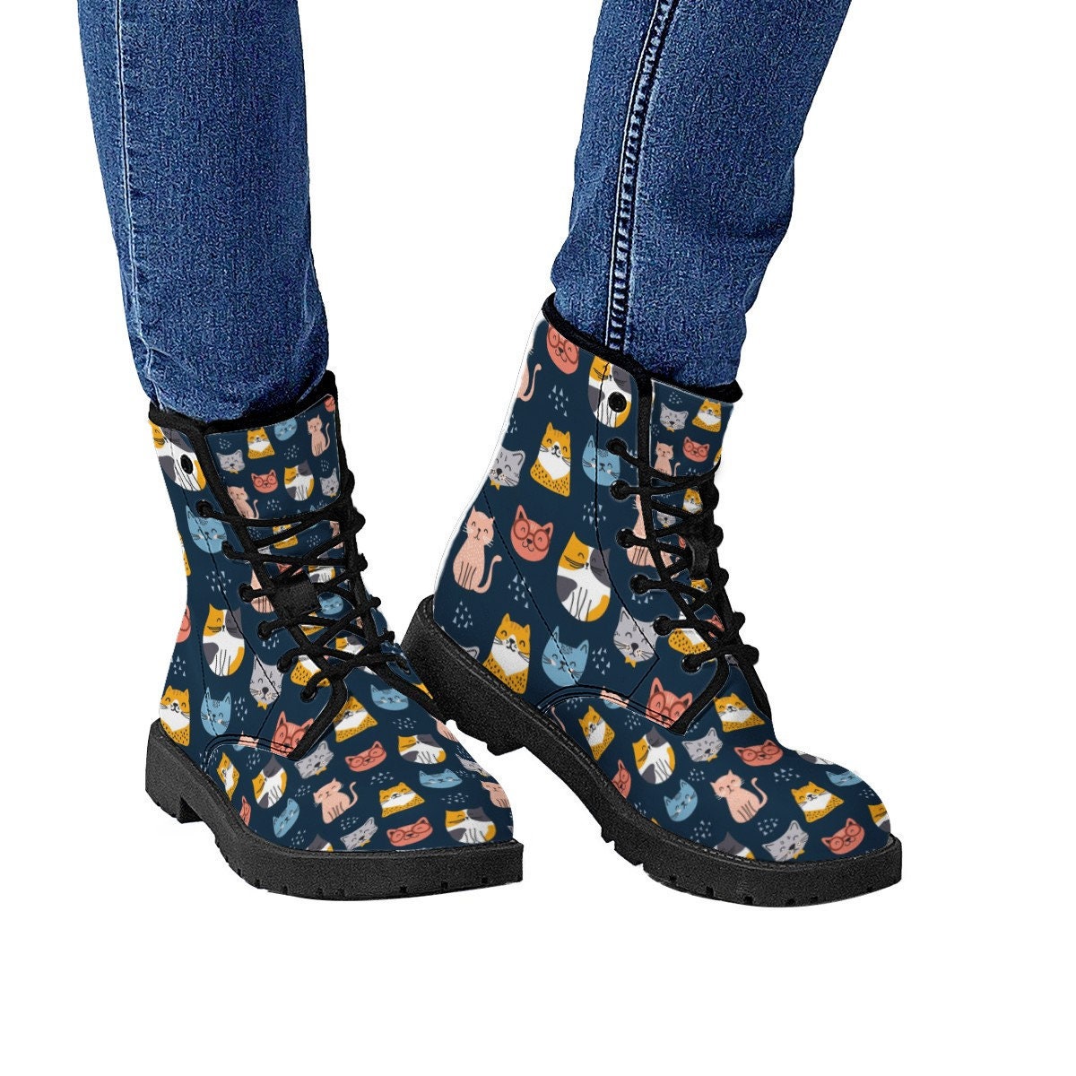 Cute Navy Cat Boots, Cats Leather Boots, Handcrafted Boots, Streetwear, Women Girl Gift, Classic Boot, Footwear