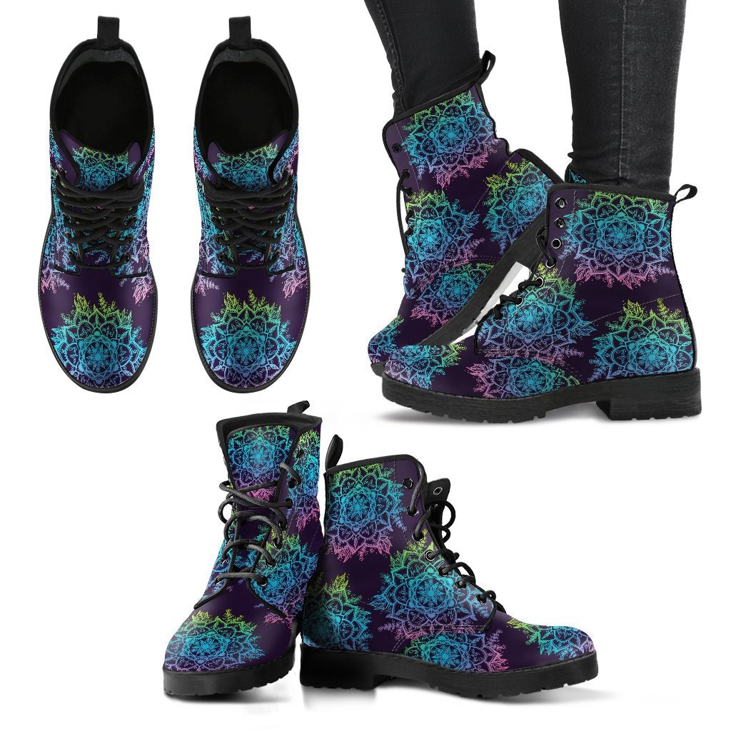 Colorful Mandalas Boots Handcrafted Women Boots, Vegan Leather Boots, Animal Friendly Boots, Women Girl Gift, Classic Boot